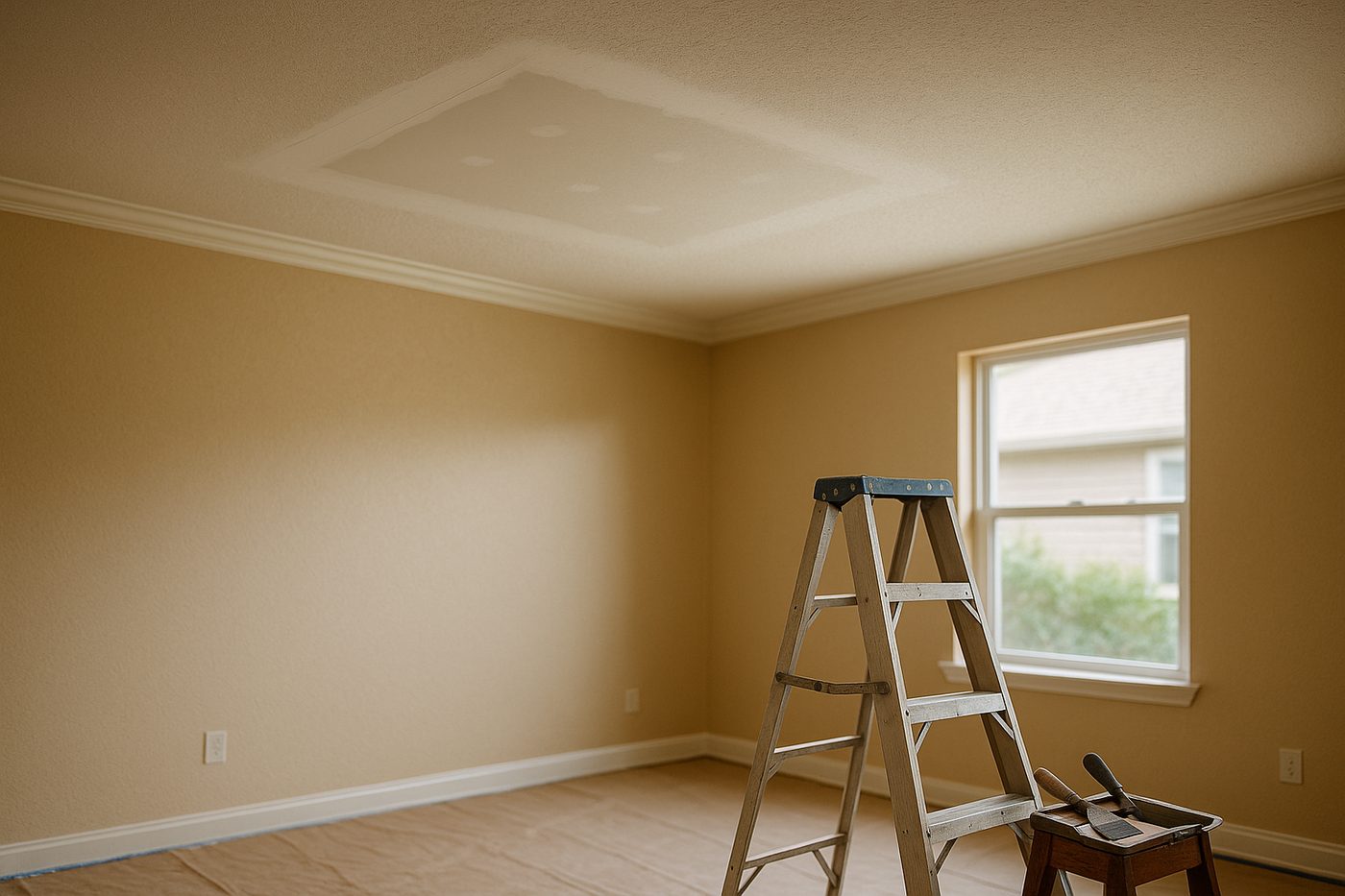 Illustration of ceiling and drywall repair nearing completion after a roof leak