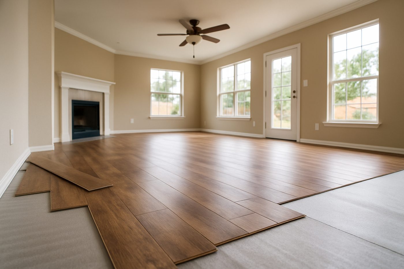 Illustration of luxury vinyl plank flooring being installed in a living room