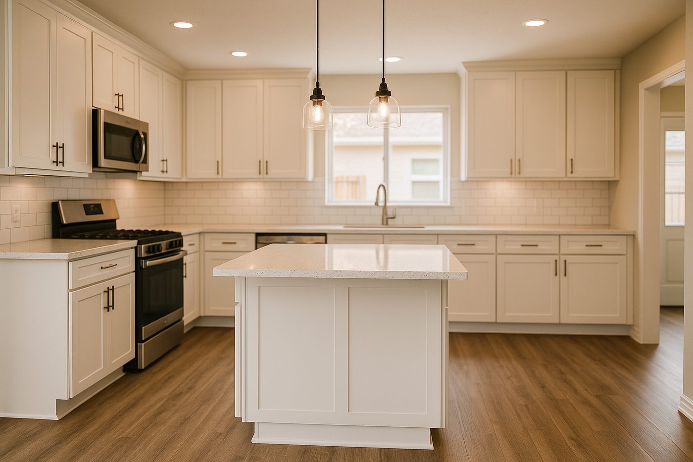 Illustration of a remodeled residential kitchen with an island and quartz counters