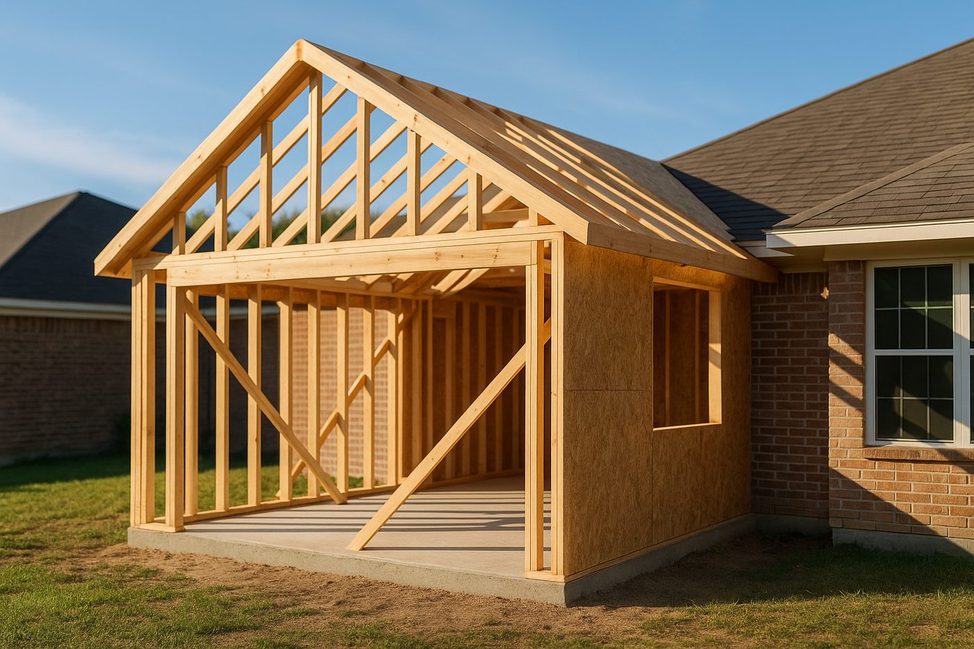 Illustration of a residential room addition under construction with new framing